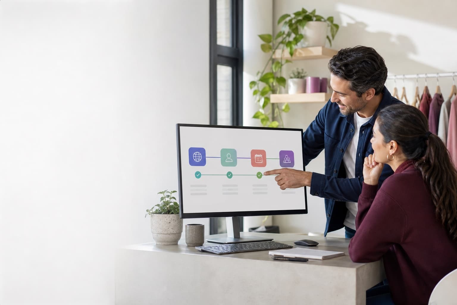 Dos personas de un comercio revisando en pantalla un flujo automatizado