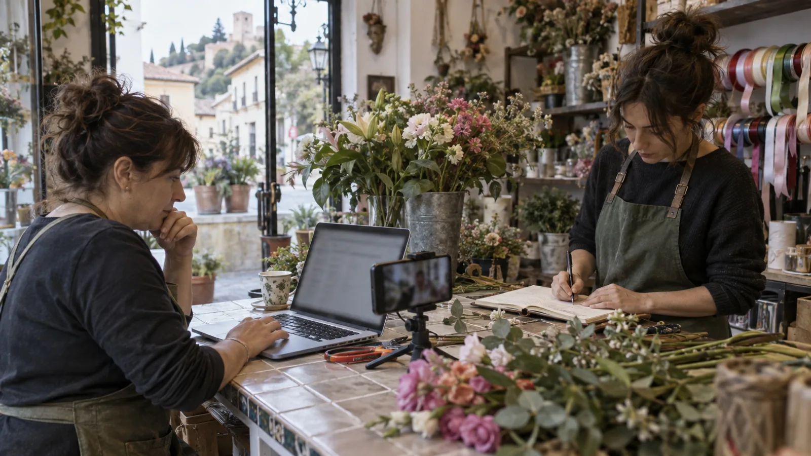 La dueña de una floristería revisa una lista en el portátil junto a un móvil mientras una empleada consulta una agenda.