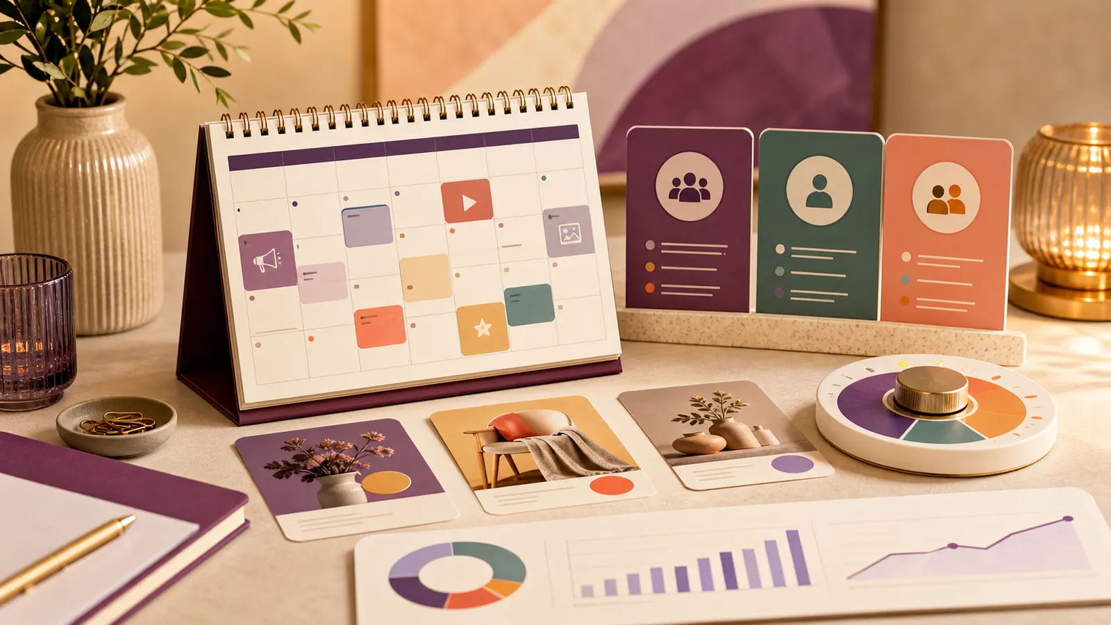 Calendario de campaña con creatividades, audiencias y métricas de marketing.