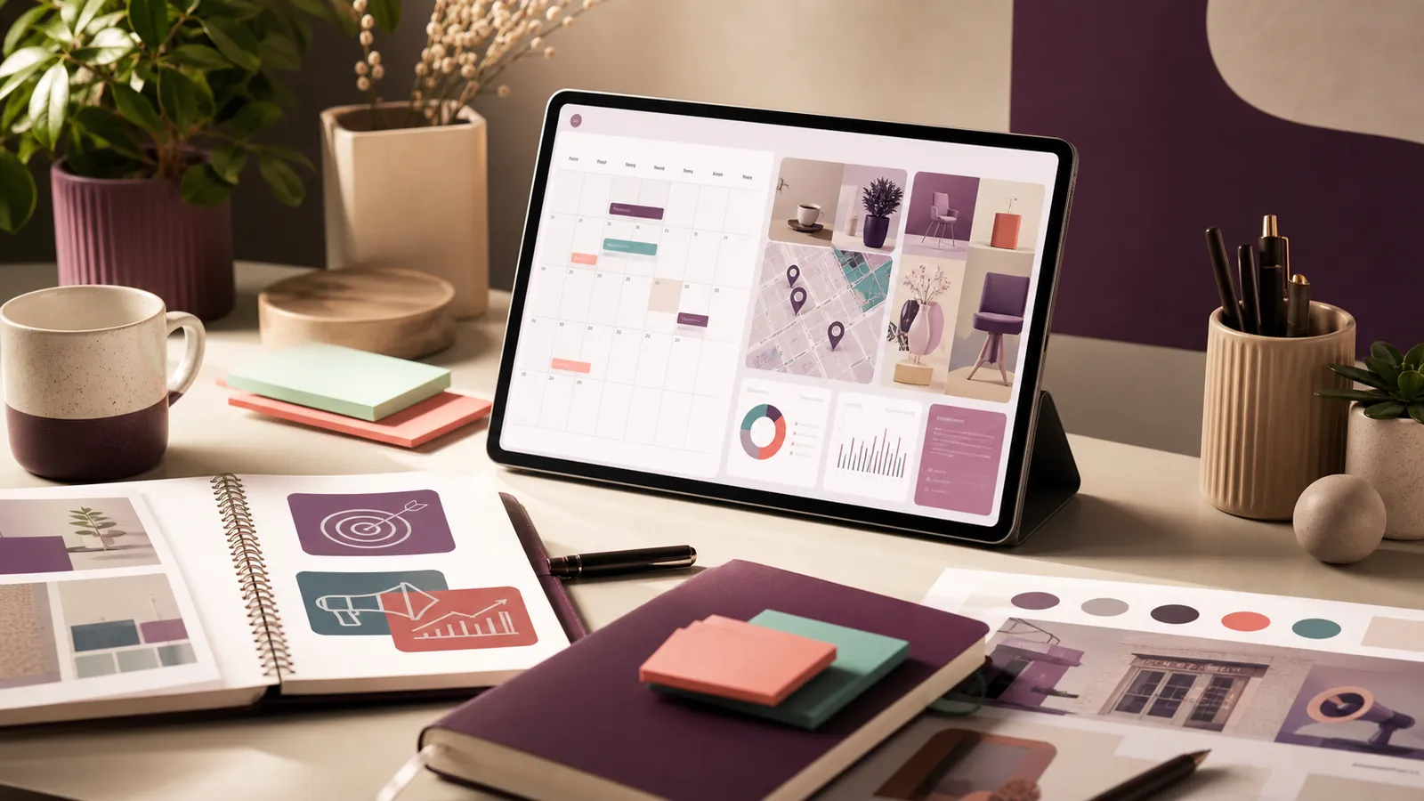 Tablet con calendario de marketing, mapa local y analíticas de campaña.