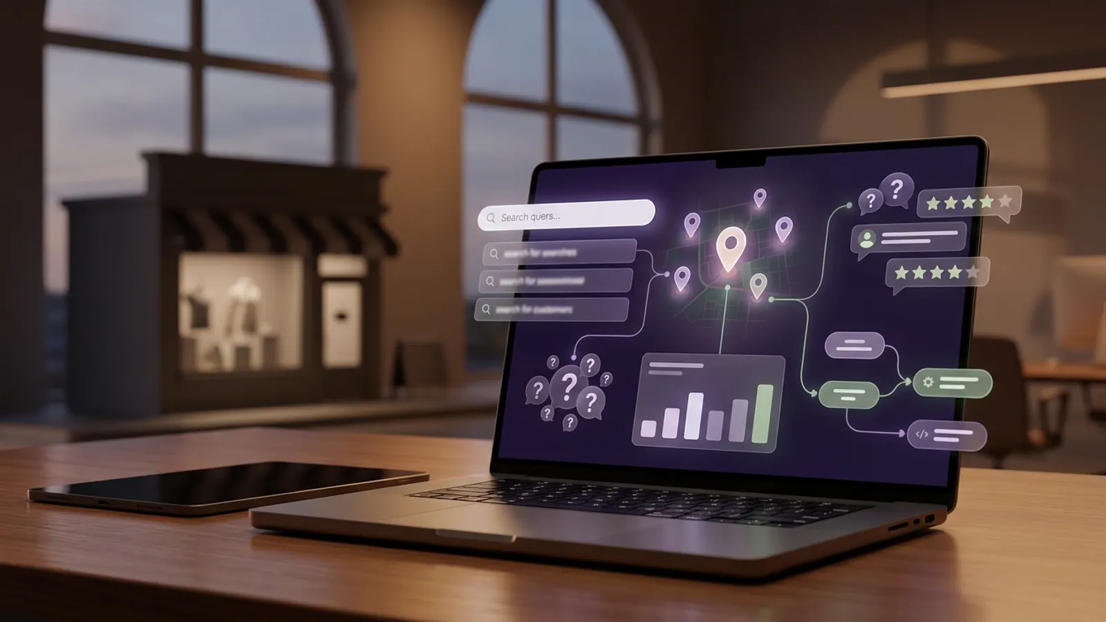 Dashboard de búsqueda con IA, mapa local, reseñas, analítica y señales digitales para un negocio local.