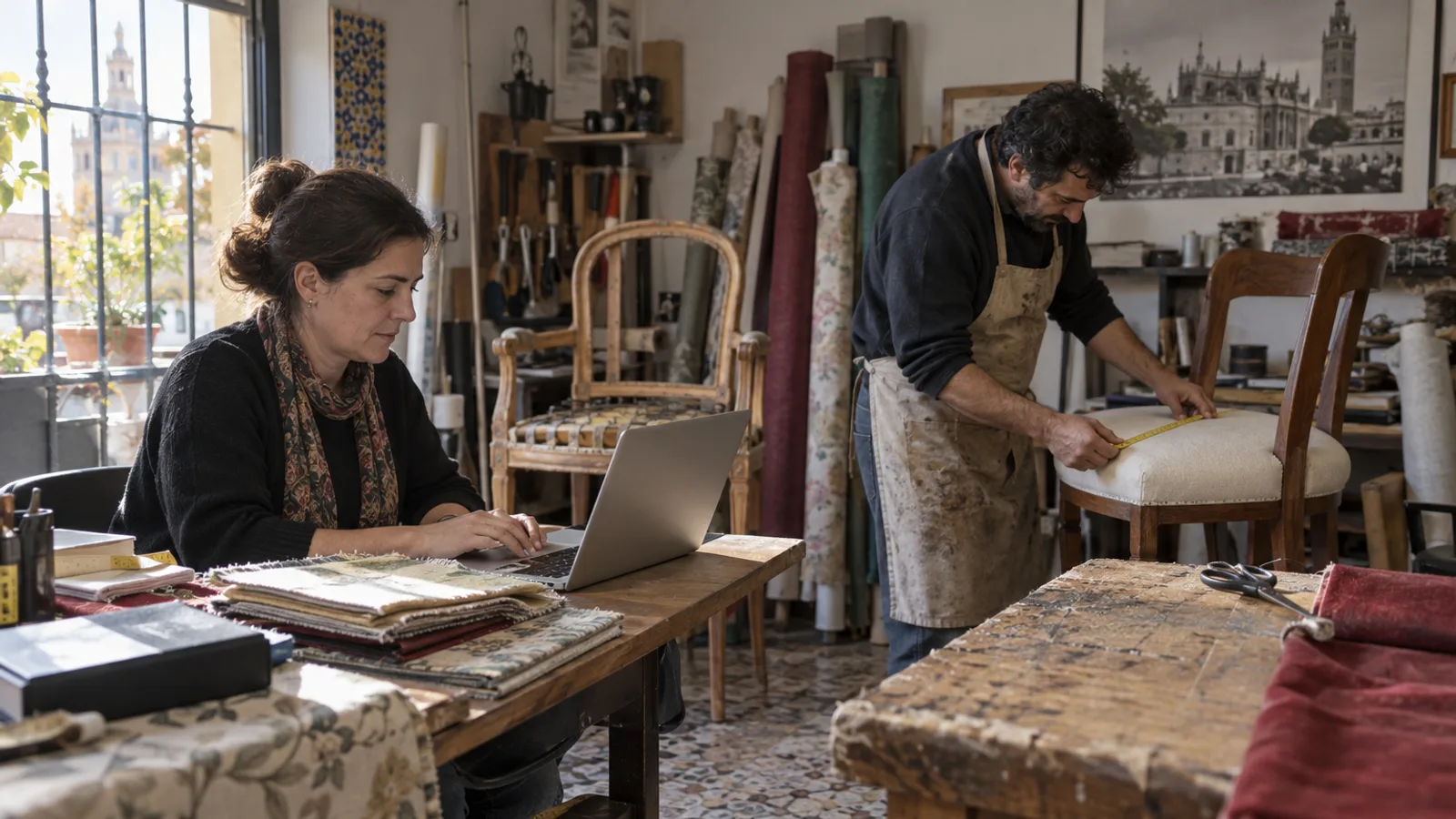 Dueño de una tapicería de Sevilla prueba una calculadora en un portátil mientras un tapicero mide el asiento de una silla.