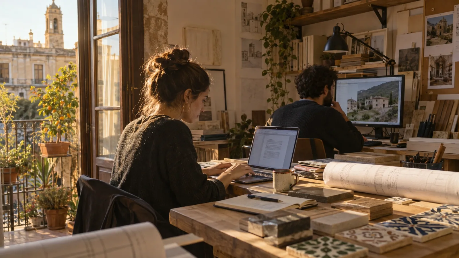 Una arquitecta prepara un correo en Word mientras un compañero consulta la web de un alojamiento en un estudio de Valencia.