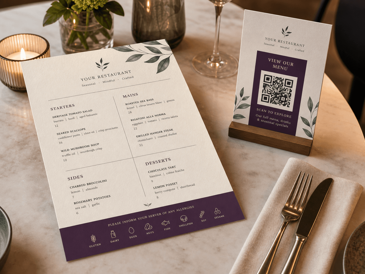 Mockup de carta premium impresa con QR y alérgenos