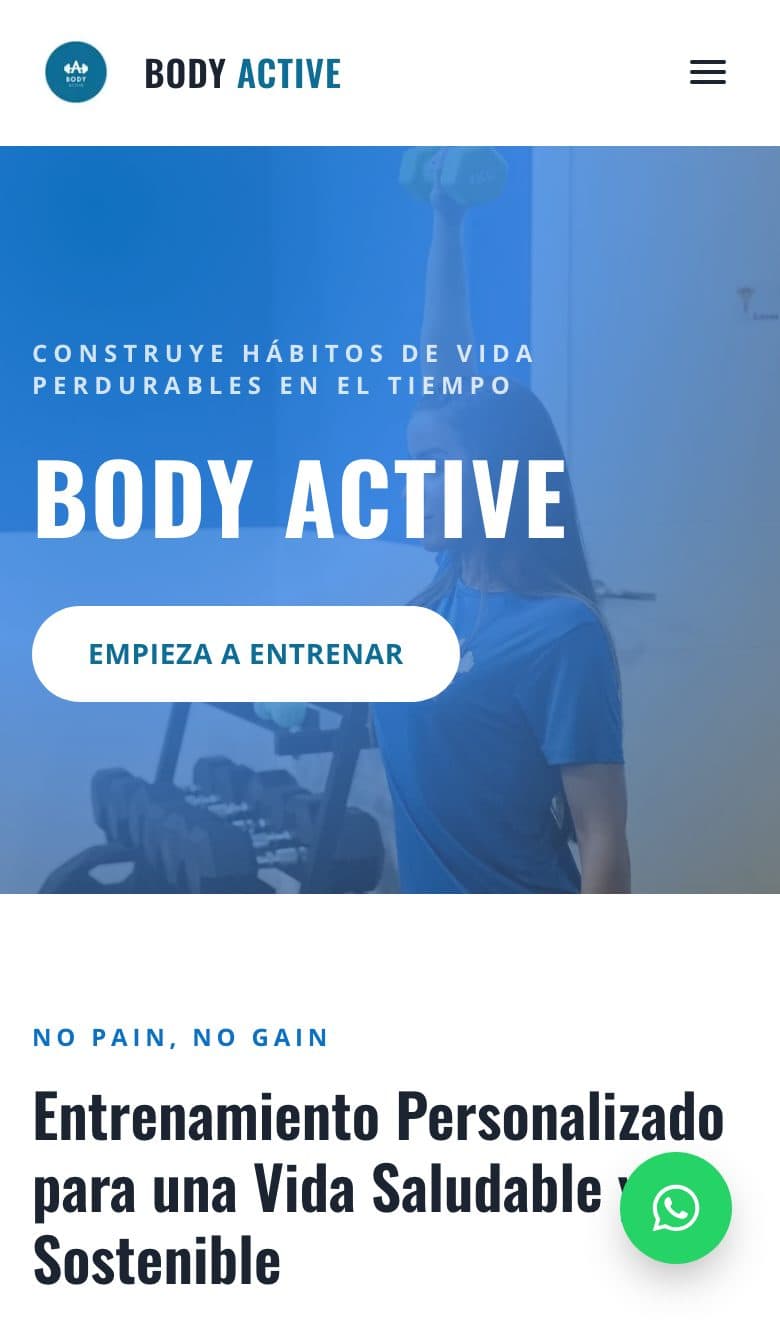 Landing de Body Active, hecha por Elix, en móvil