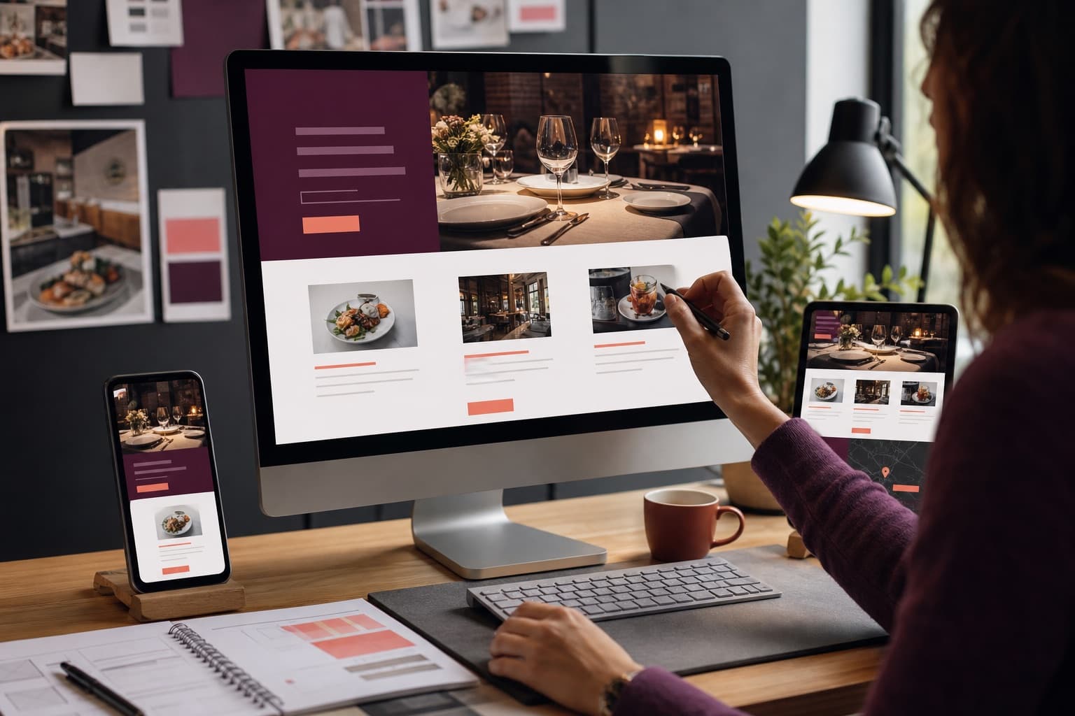 Diseñadora revisando una web de restaurante en ordenador, tableta y móvil