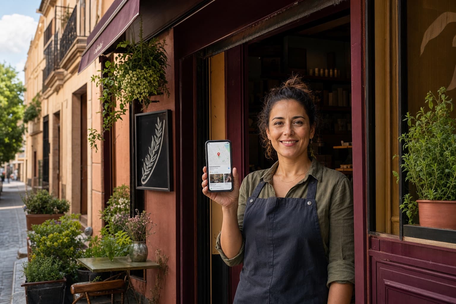 Comerciante mostrando la ubicación de su negocio en un mapa desde el móvil