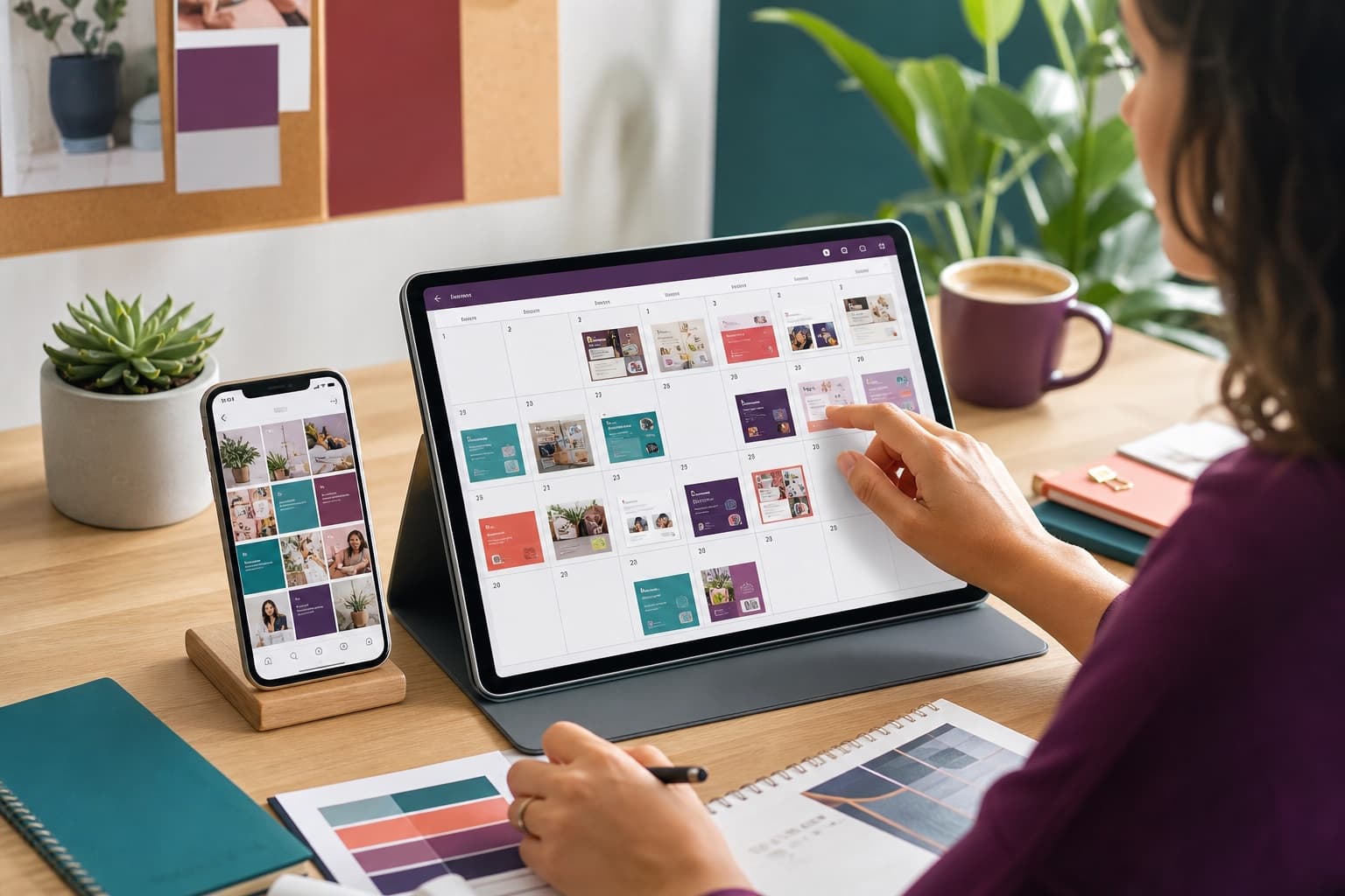Calendario de contenidos y publicaciones organizadas en tableta y teléfono