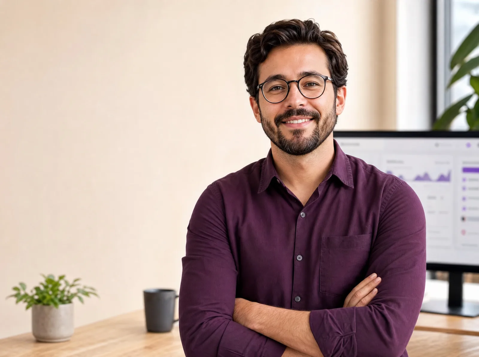 Dueño de un negocio sonriendo en su oficina, con su web al fondo