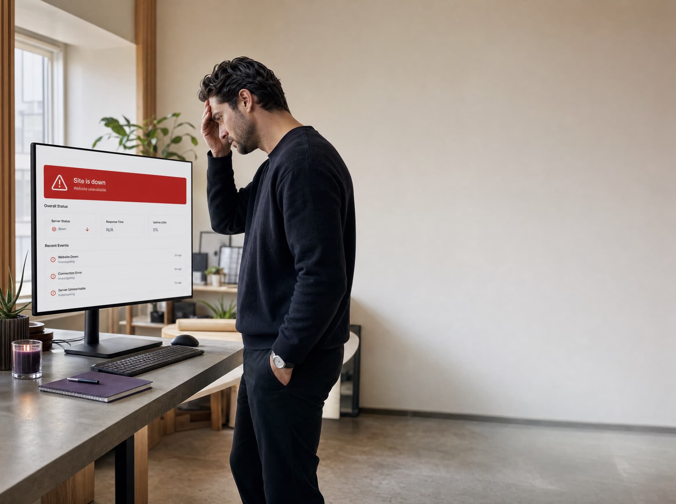 Profesional preocupado revisando una web caída por falta de mantenimiento