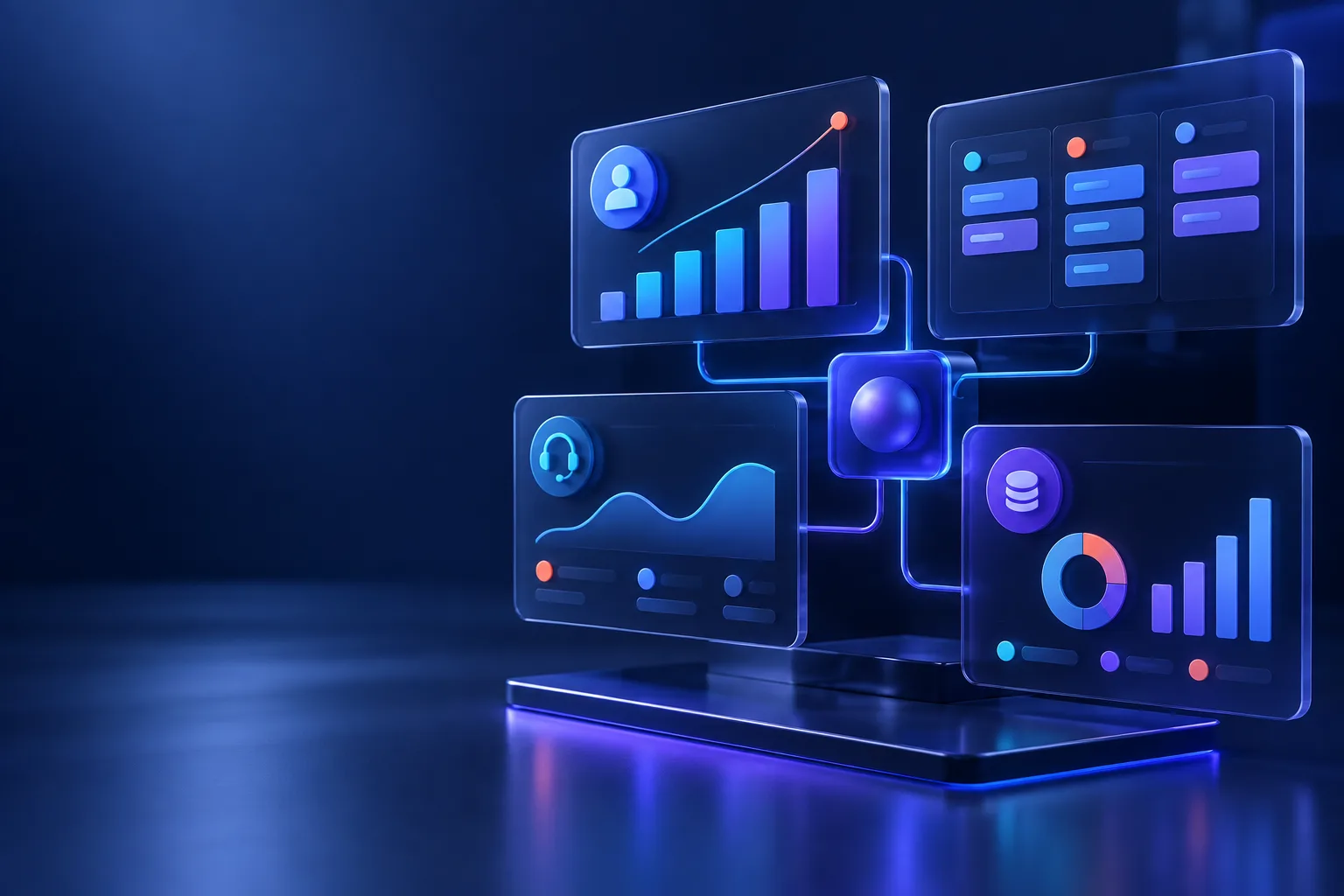 Módulos de una plataforma conectados entre sí: usuarios, informes, avisos y datos