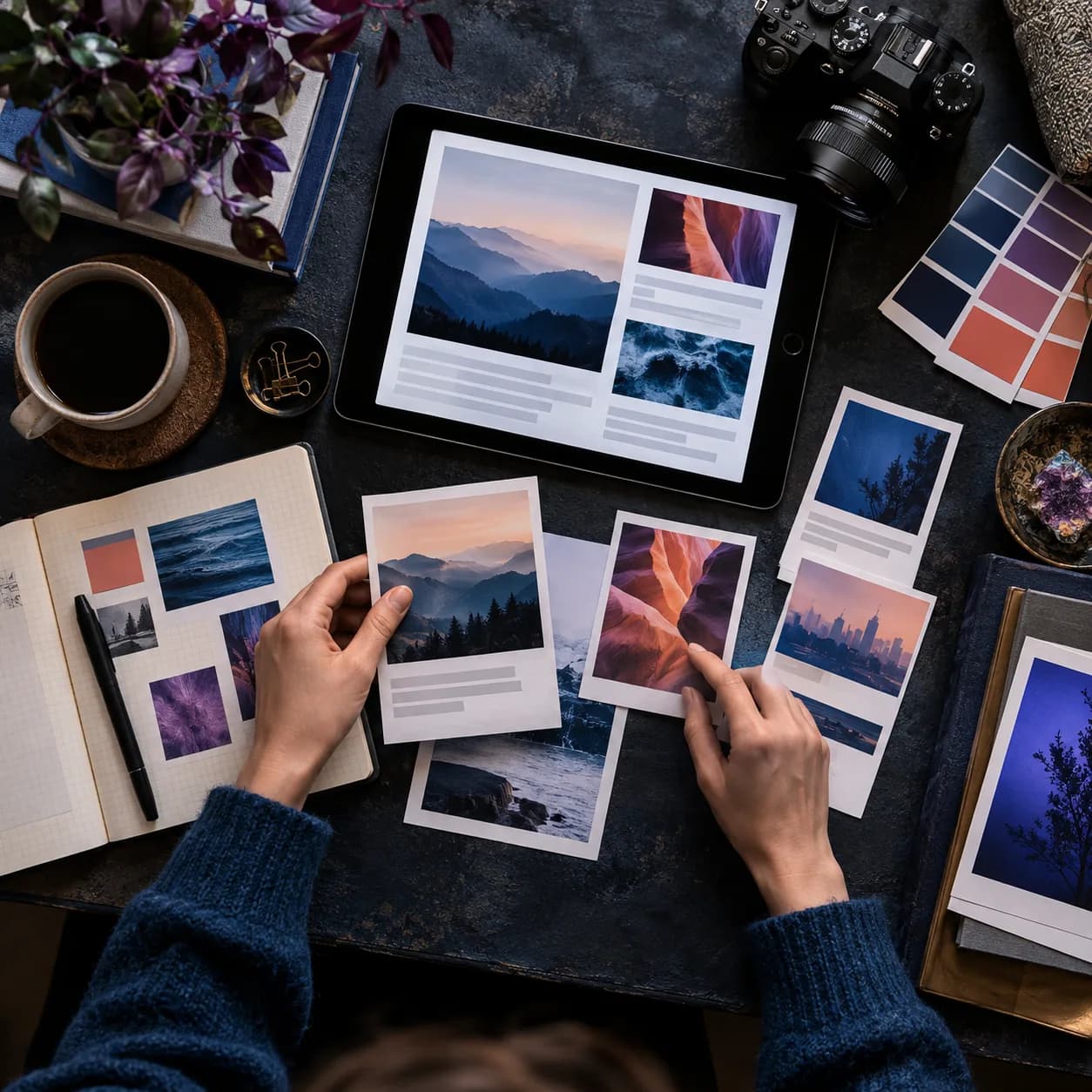 Manos eligiendo fotos del negocio para publicarlas en la ficha de Google