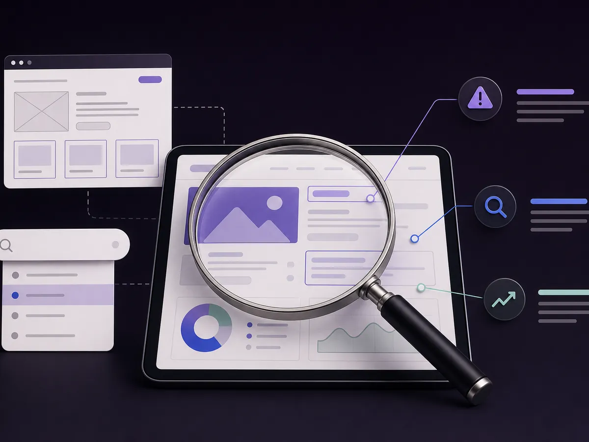 Una web bajo una lupa, con sus avisos y métricas señalados